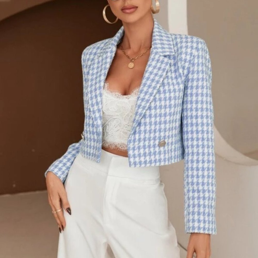 Classic Tweed Houndstooth Double Breasted Blazer Blue - Picture 3 of 6